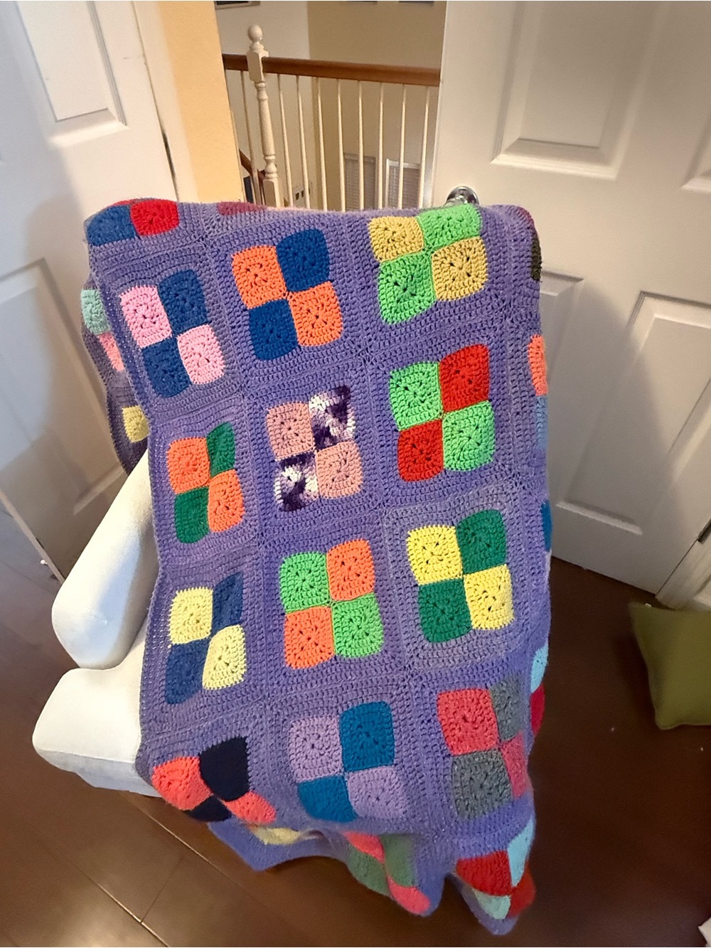 Vintage 70’s Handmade Crochet Lavender Granny Square Blanket 87L”X 63W” Boho EVC